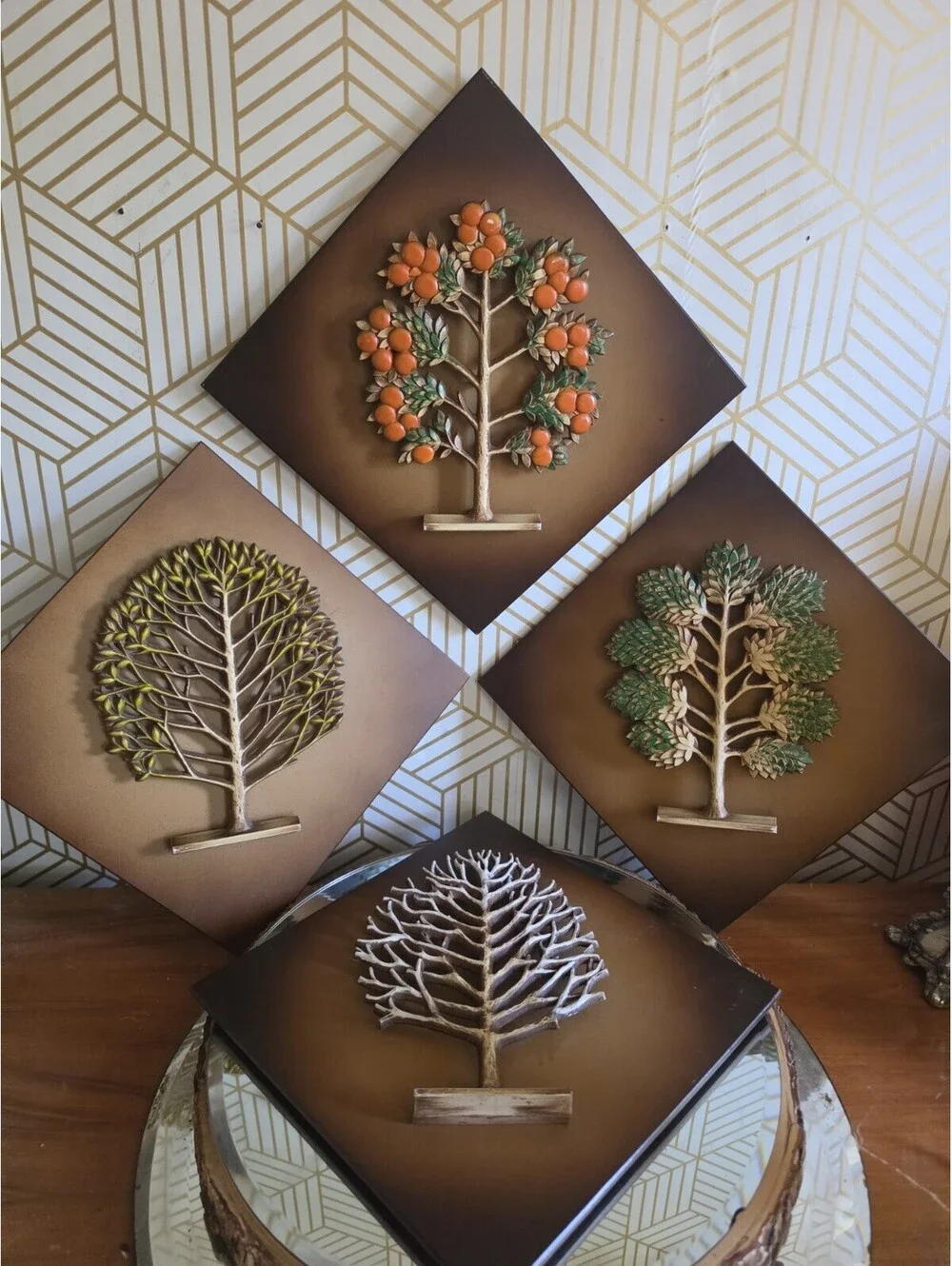 4 Vintage Mid-Century Modern Wall Plaques Syroco Wood Tree in Four Seasons